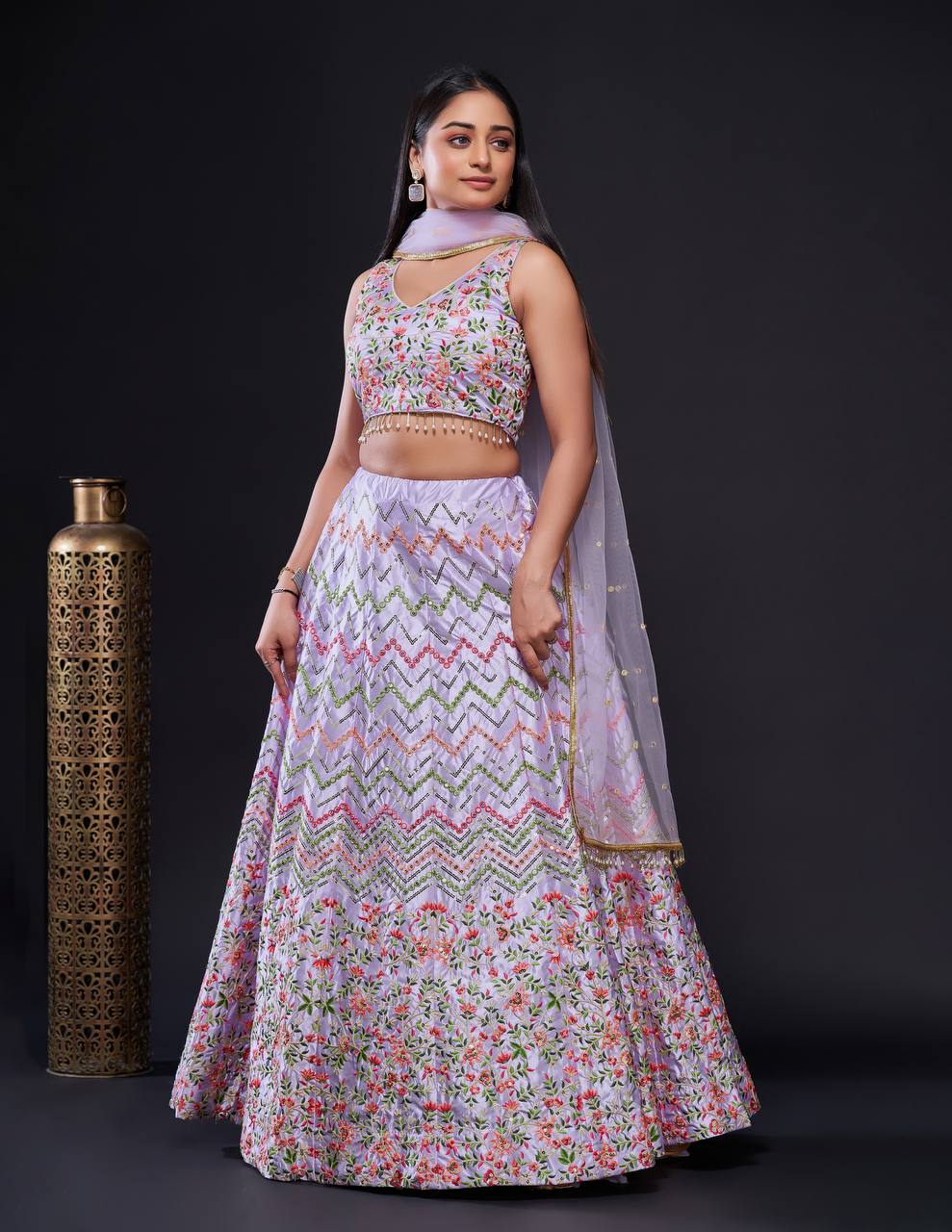 Lilac Sequins And Thread Work Lehenga With Net Dupatta