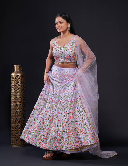 Lilac Sequins And Thread Work Lehenga With Net Dupatta