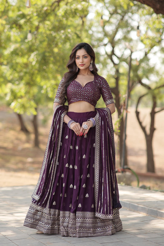 Wine Festive Sequins Embroidered Lehenga Set