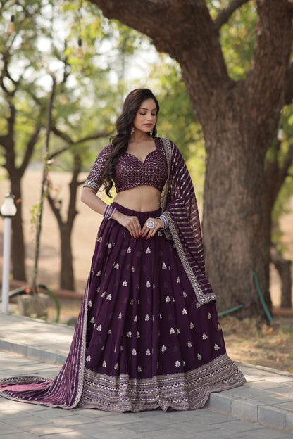 Wine Festive Sequins Embroidered Lehenga Set