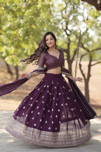 Wine Festive Sequins Embroidered Lehenga Set