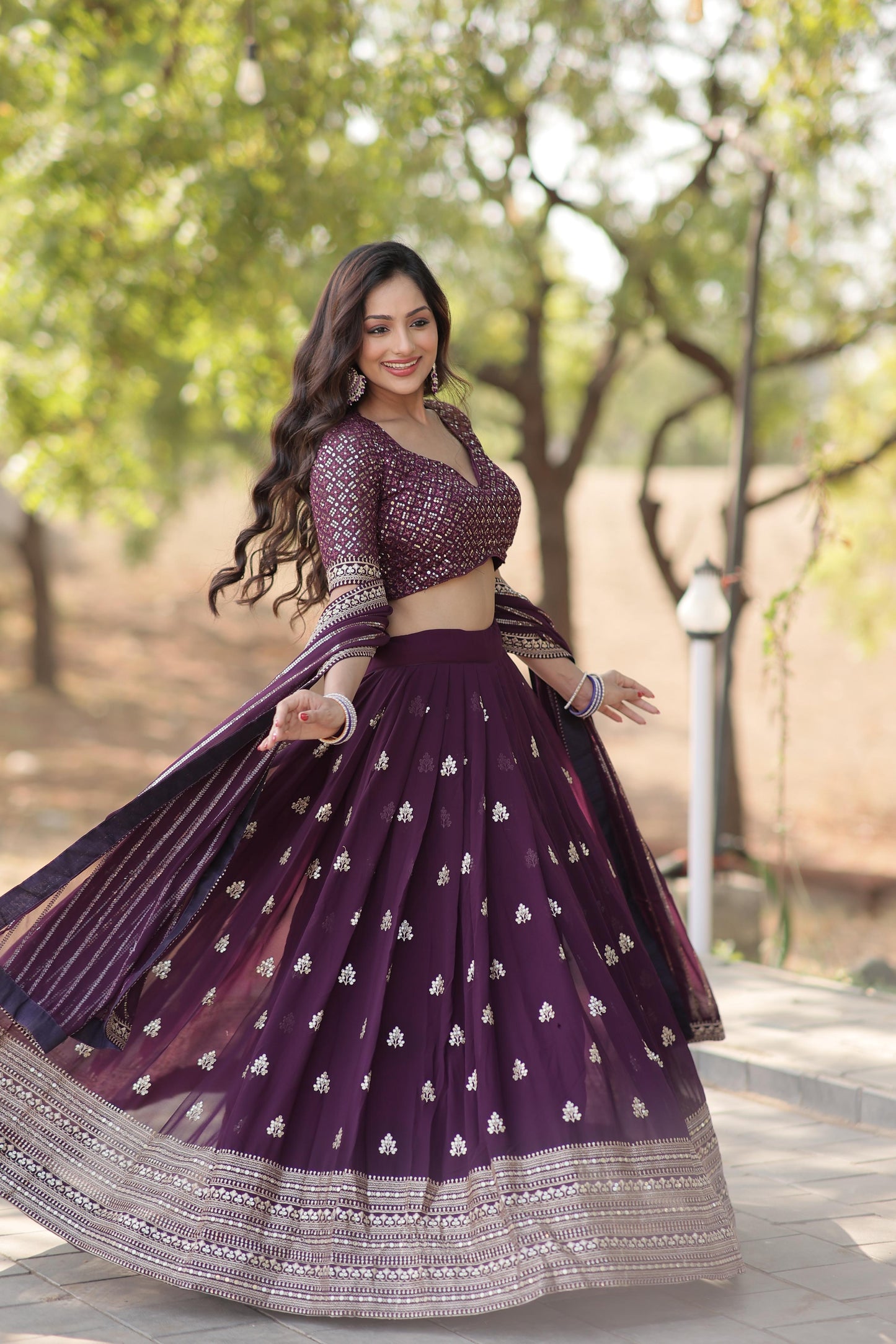 Wine Festive Sequins Embroidered Lehenga Set