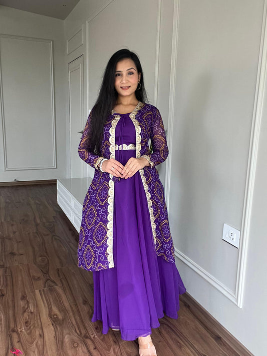 Purple Gown With Bandhani Print Shrug