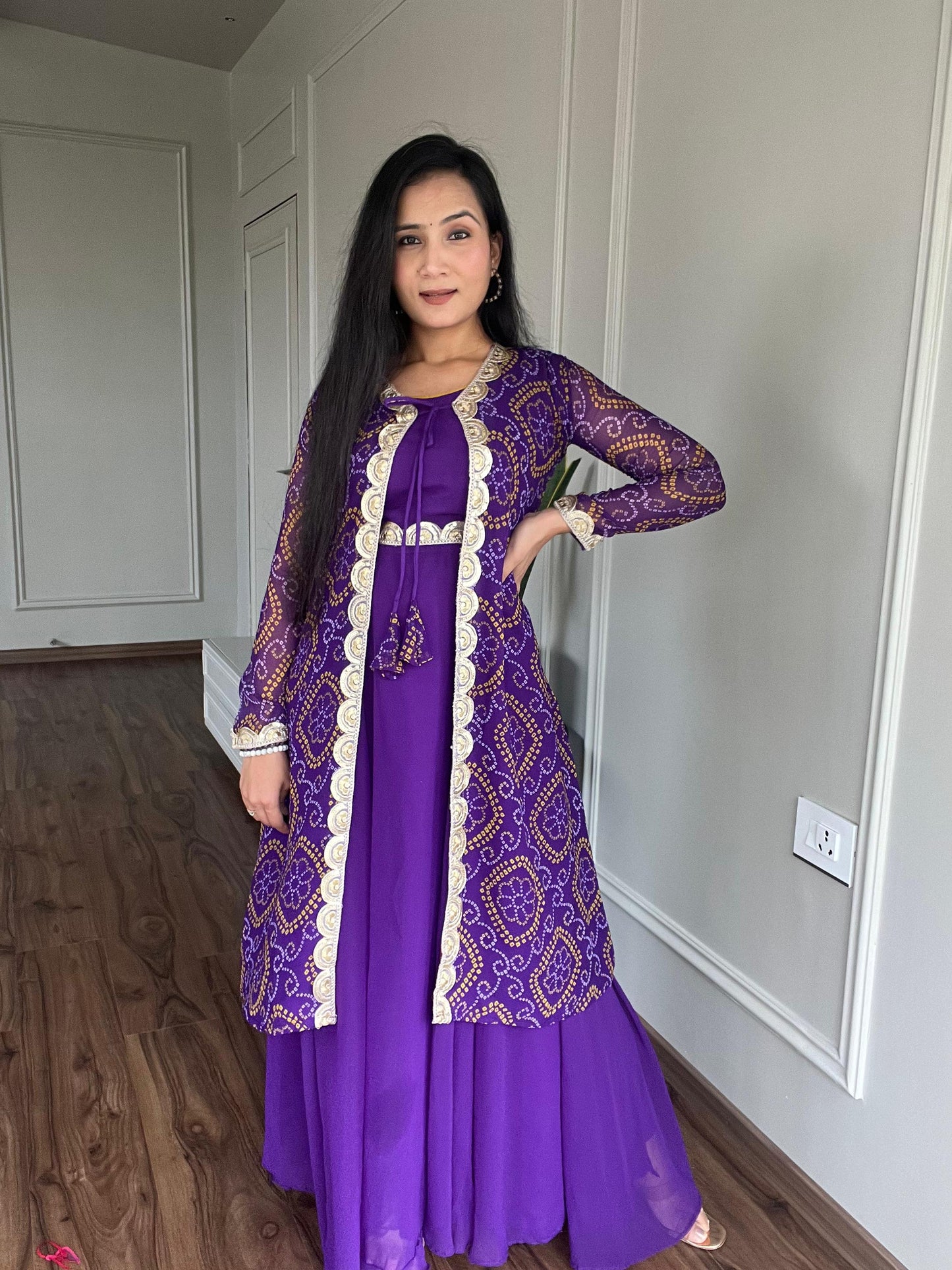 Purple Gown With Bandhani Print Shrug