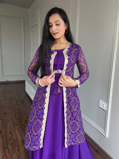 Purple Gown With Bandhani Print Shrug