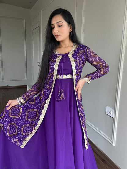 Purple Gown With Bandhani Print Shrug