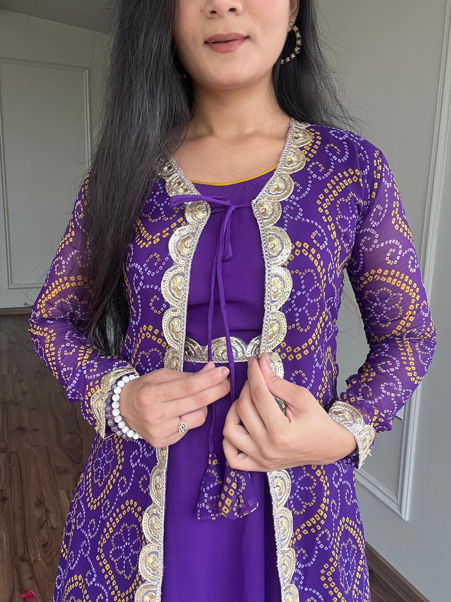 Purple Gown With Bandhani Print Shrug