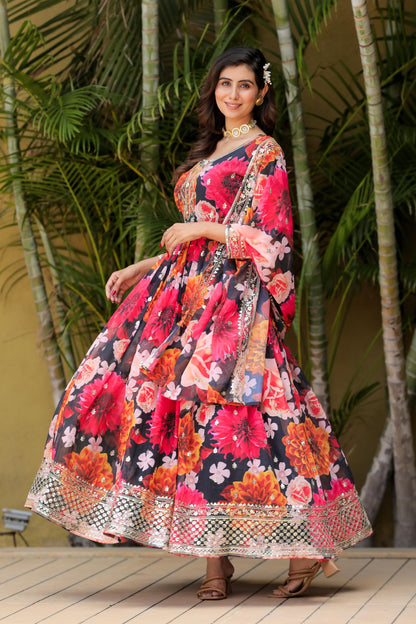 Flowing Floral Gown In Faux Georgette