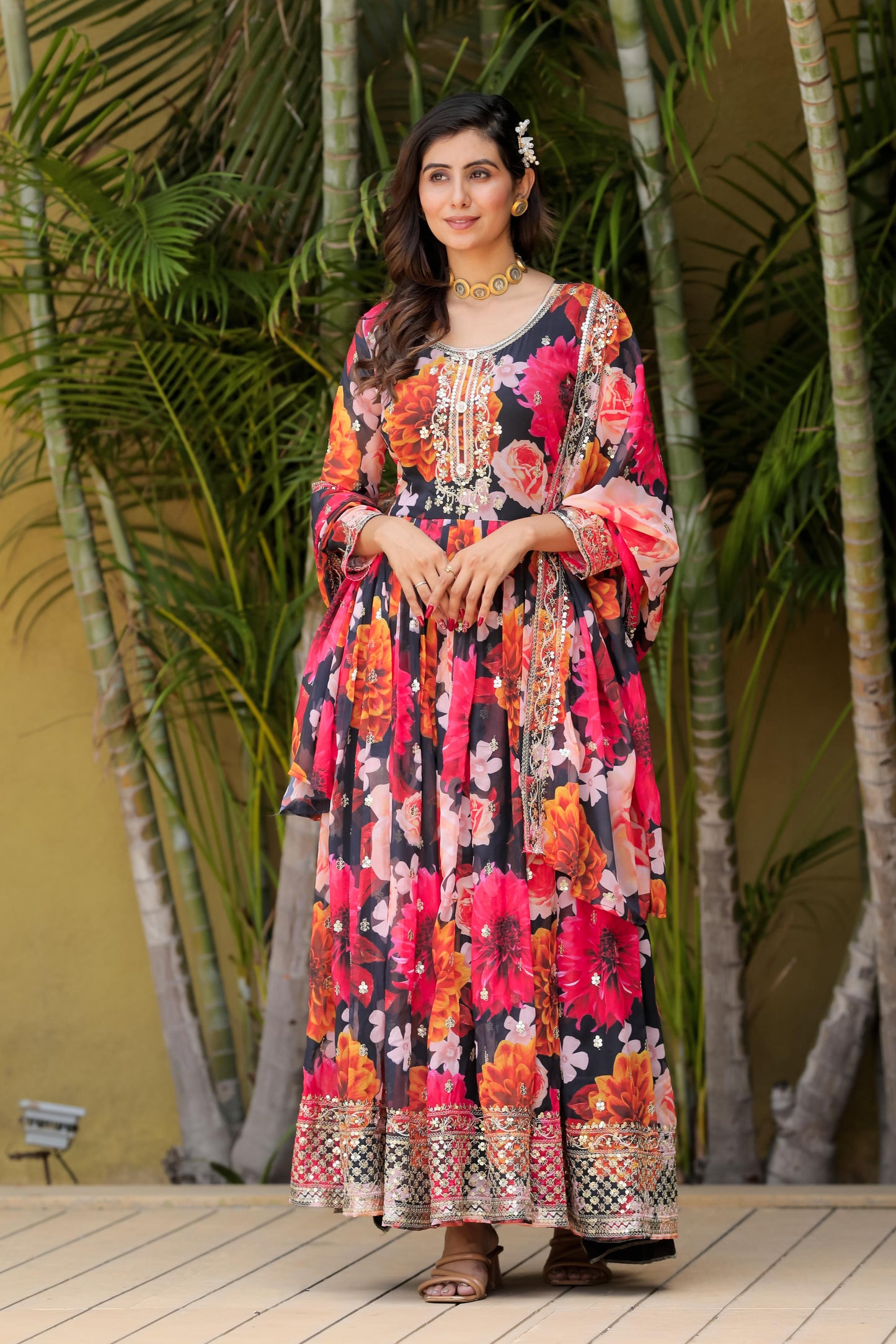 Flowing Floral Gown In Faux Georgette