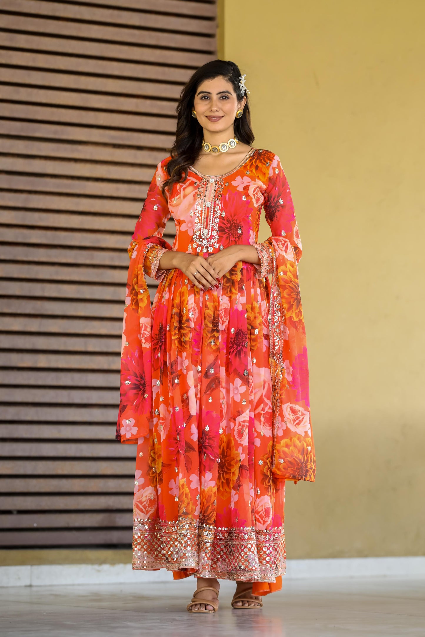 Flowing Floral Gown In Faux Georgette