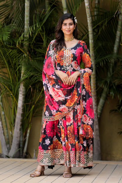 Flowing Floral Gown In Faux Georgette