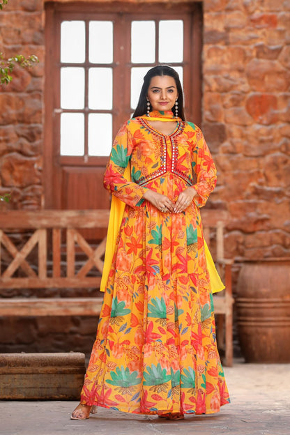 Multi Coloured Anarkali With Mirror Work