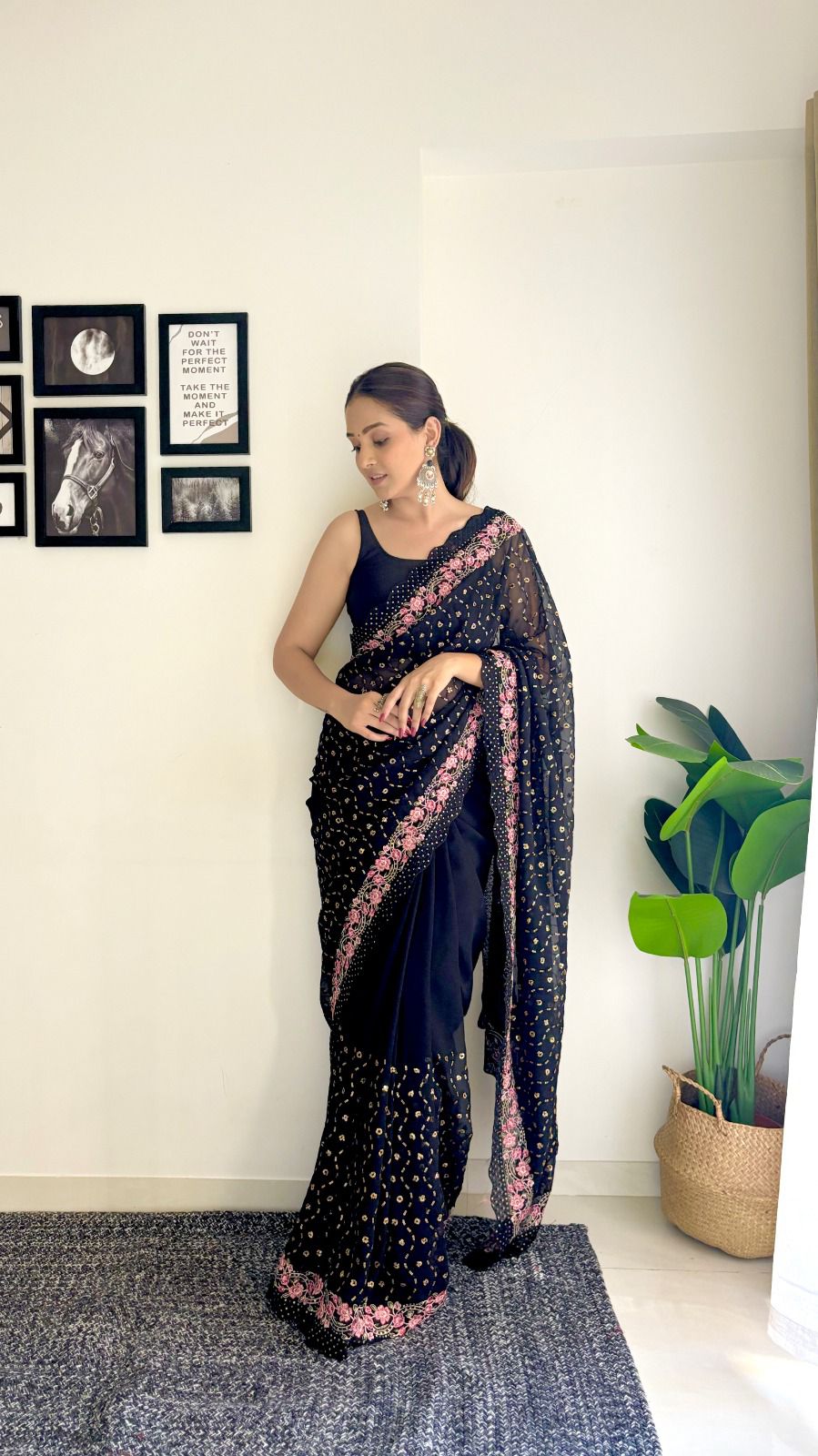 Black Soft Georgette Embroidered Saree