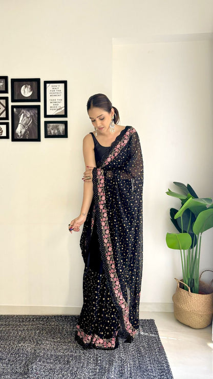 Black Soft Georgette Embroidered Saree