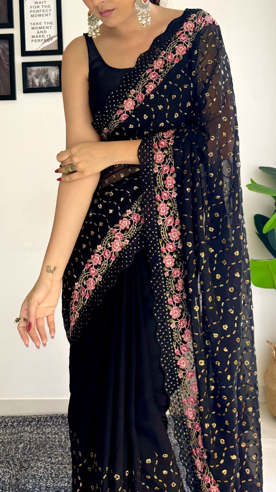 Black Soft Georgette Embroidered Saree