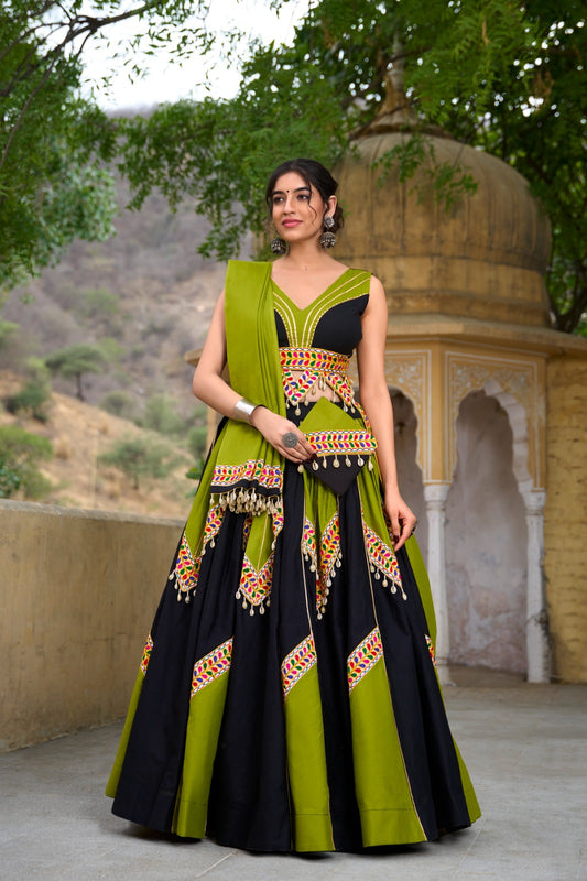 Green & Black Gamthi Work Lehenga Choli