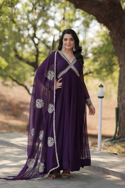 Embroidered Alia Cut Gown With Dupatta