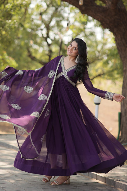 Embroidered Alia Cut Gown With Dupatta