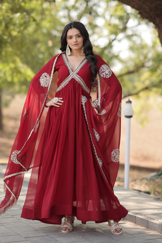 Embroidered Alia Cut Gown With Dupatta