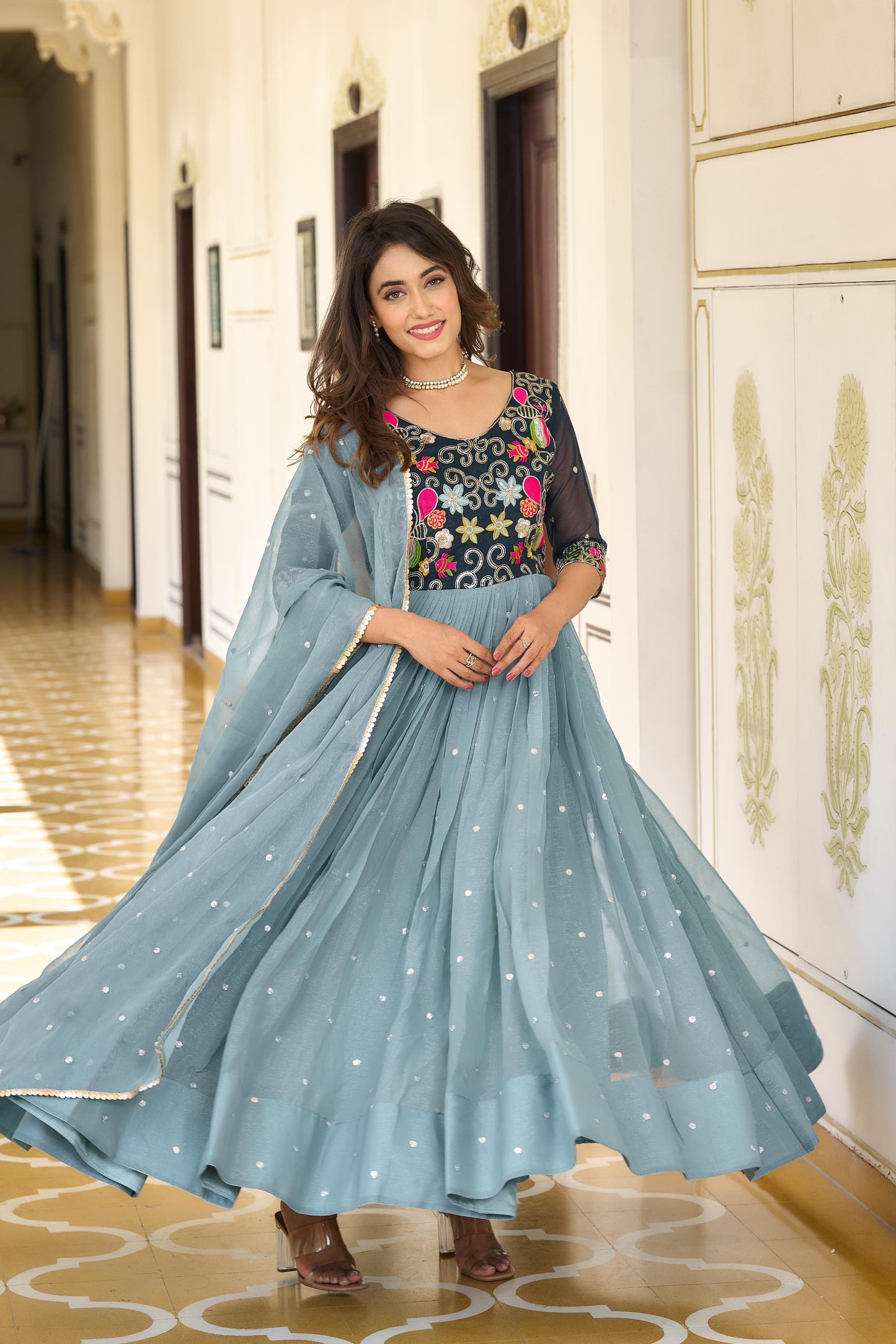 Rose Pink & Dusty Blue Gown With Dupatta