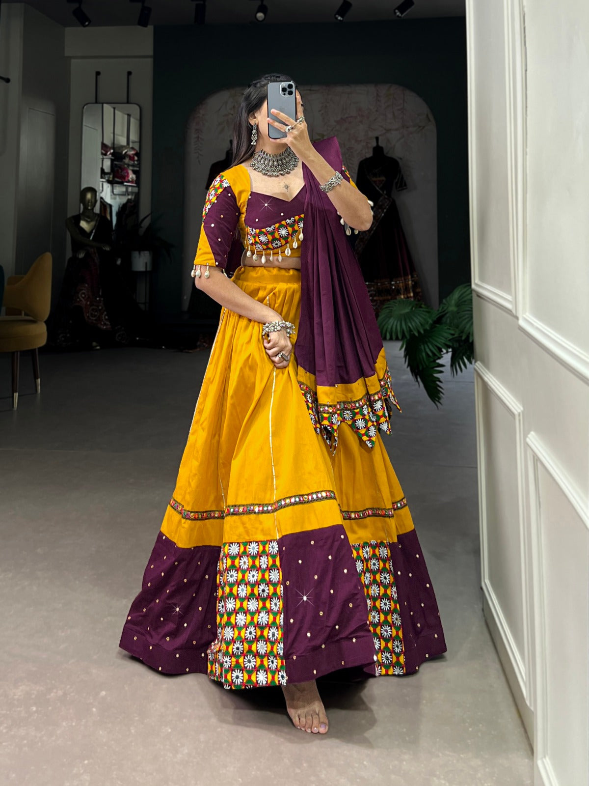 Gamthi Work Lehenga Choli In Yellow & Wine