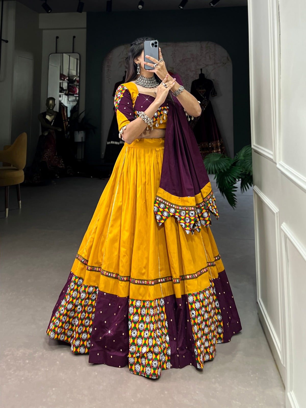 Gamthi Work Lehenga Choli In Yellow & Wine