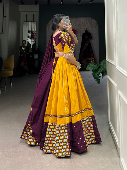 Gamthi Work Lehenga Choli In Yellow & Wine