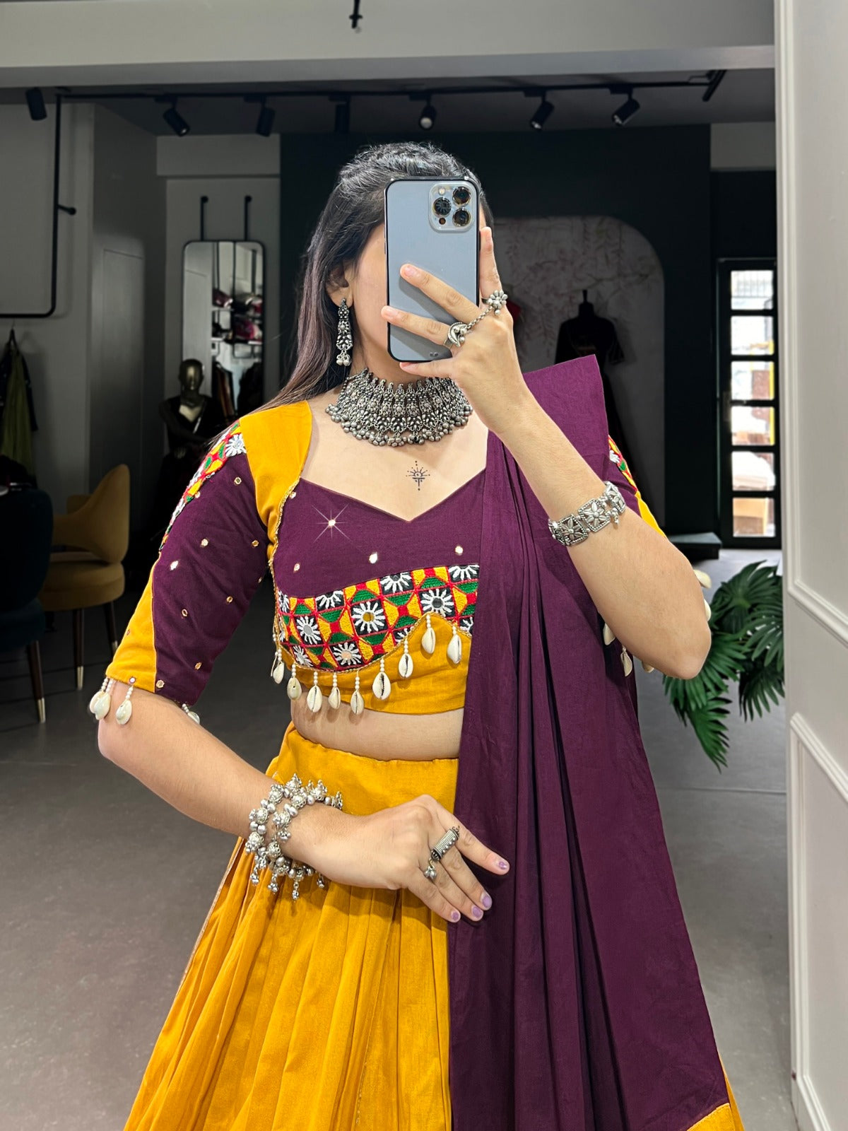 Gamthi Work Lehenga Choli In Yellow & Wine