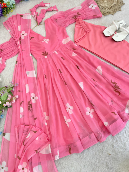 Soft Pink Printed Gown With Balloon Sleeves