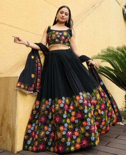 Black Lehenga Set With Flower & Mirror Work