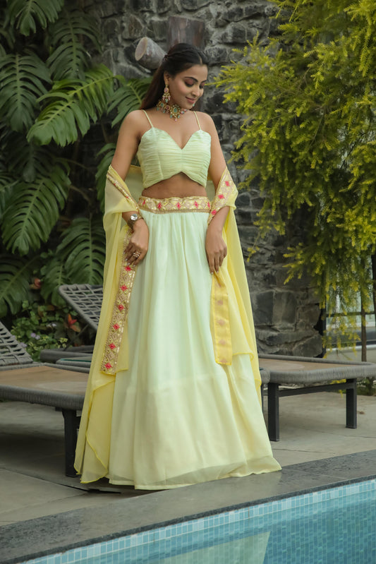 Lemon Yellow Indo Western Lehenga With Koti