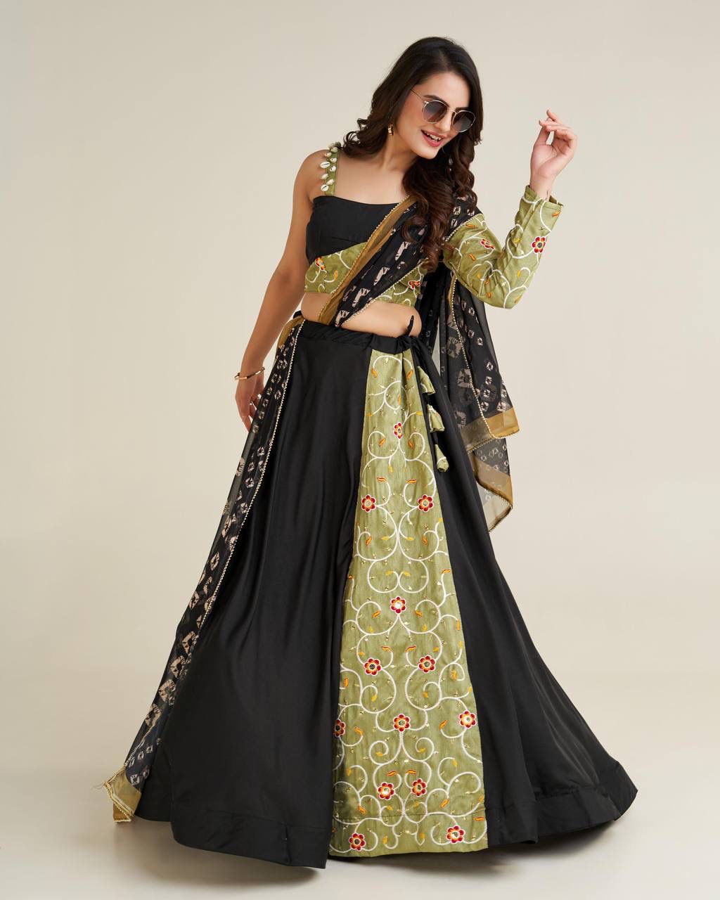 Enchanted Olive And Black Elegance Lehenga