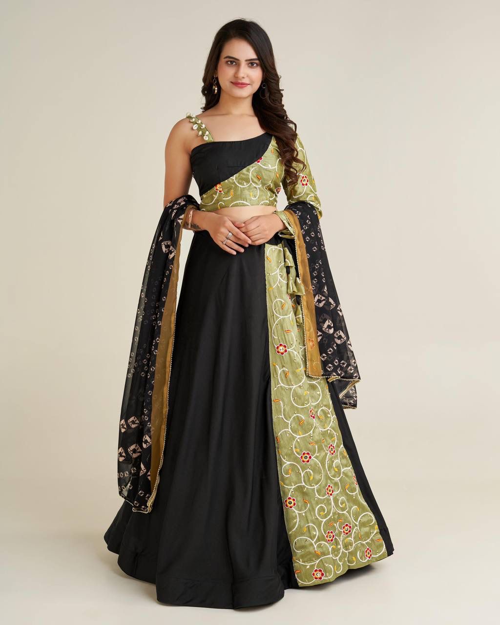 Enchanted Olive And Black Elegance Lehenga