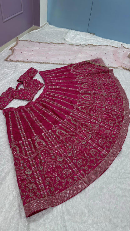 Deep Pink Satin Silk Lehenga Set