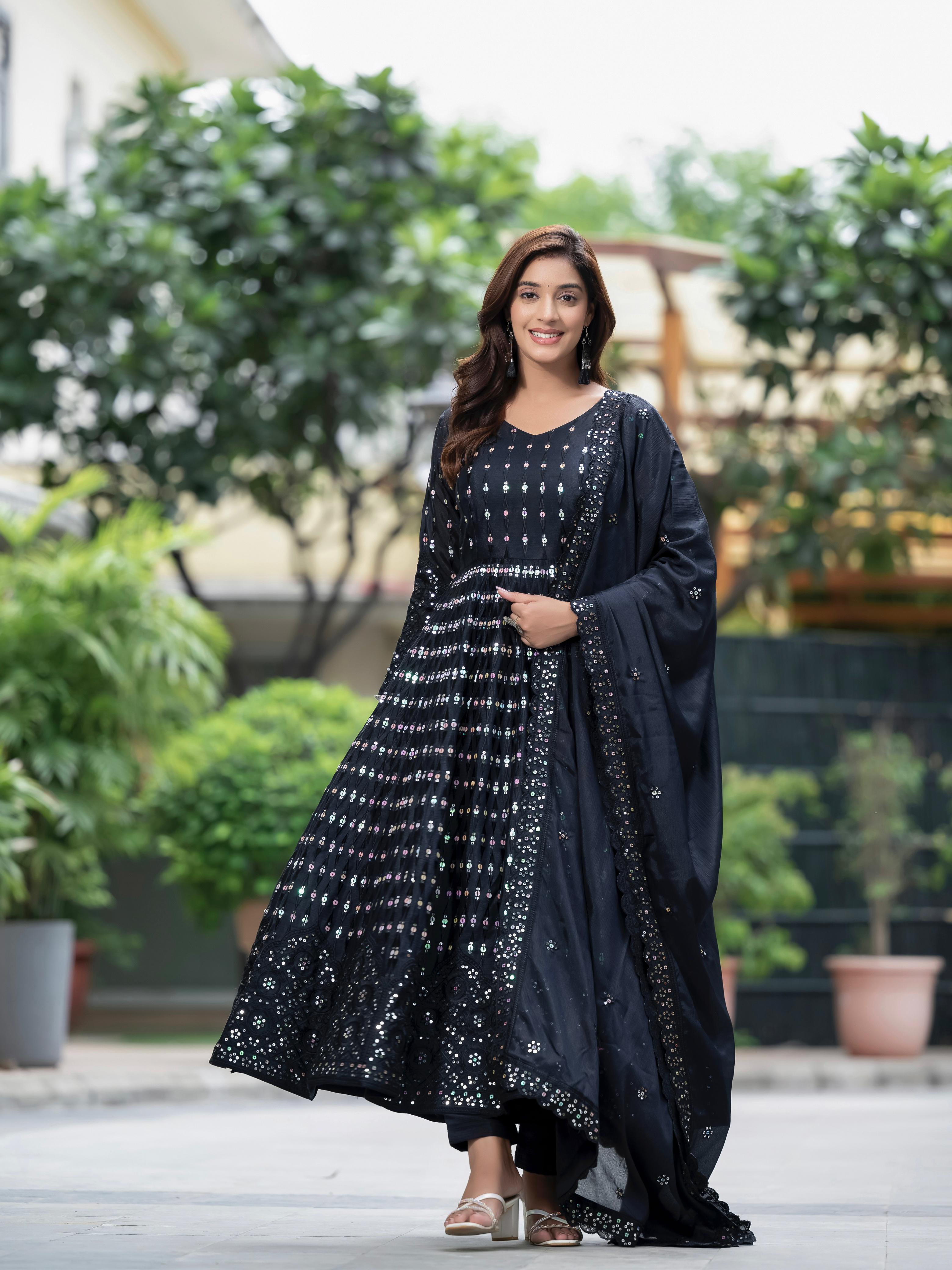 Sequins Sparkle Black Anarkali Kurti Set