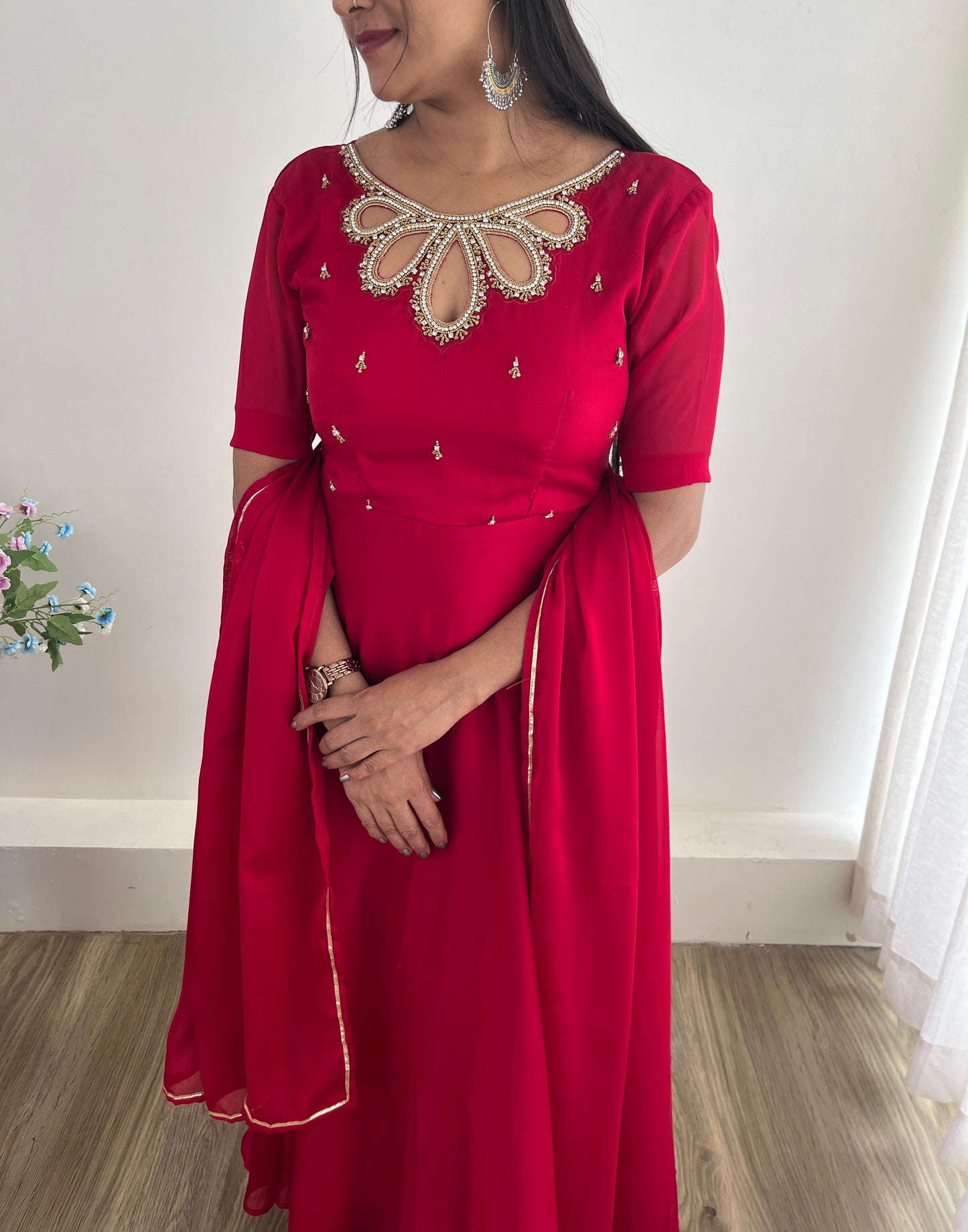 Chic Red Kurti with Intricate Motiwork