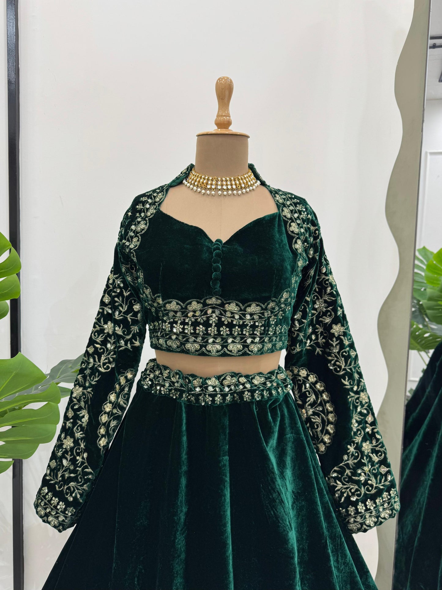 Dark Fern Green Velvet Lehenga