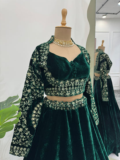 Dark Fern Green Velvet Lehenga