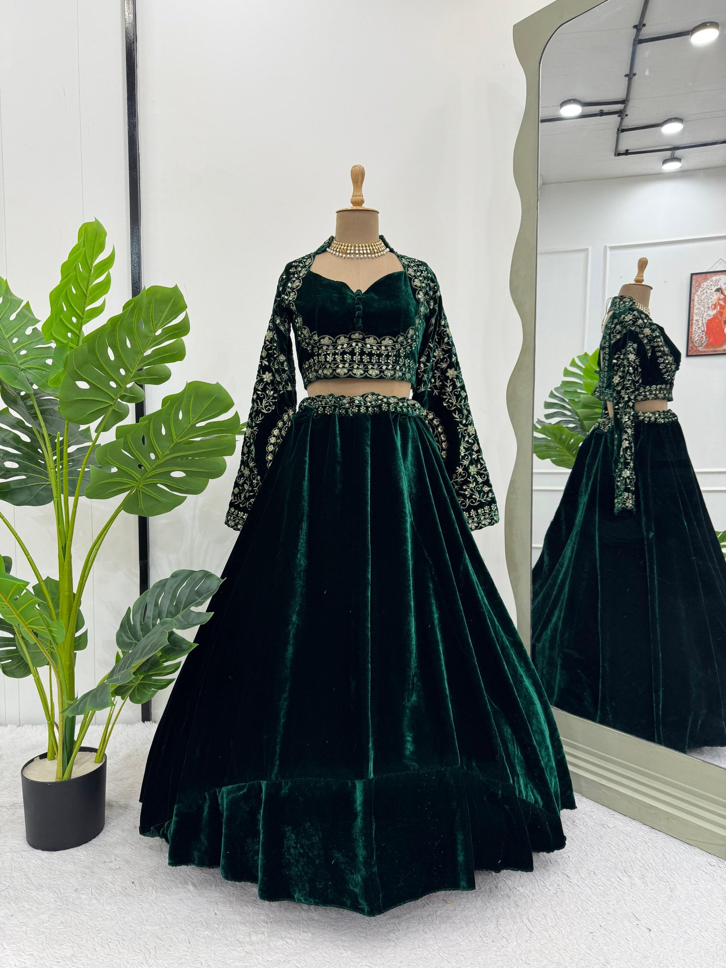 Dark Fern Green Velvet Lehenga