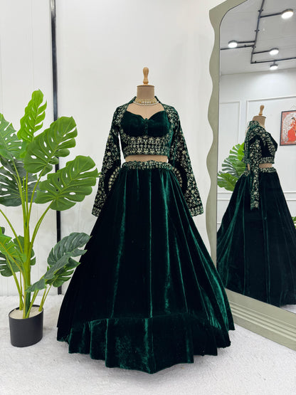 Dark Fern Green Velvet Lehenga