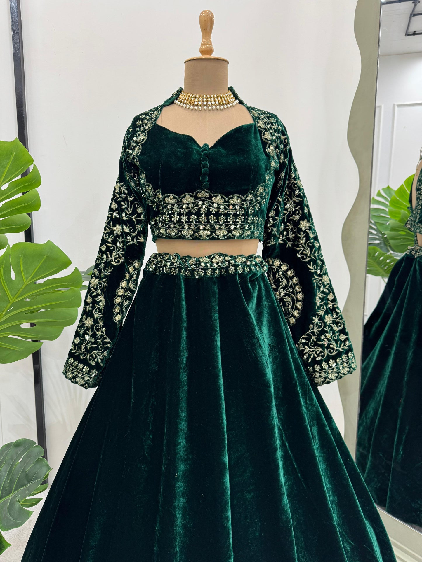 Dark Fern Green Velvet Lehenga