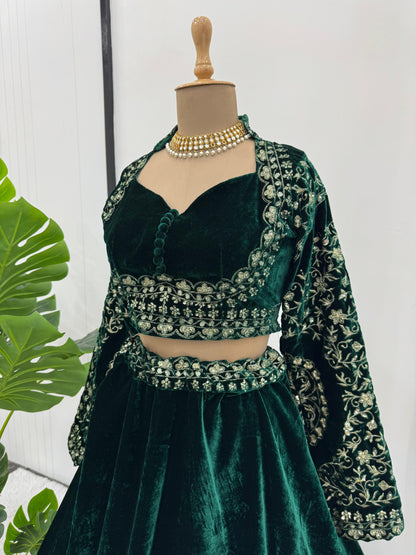 Dark Fern Green Velvet Lehenga