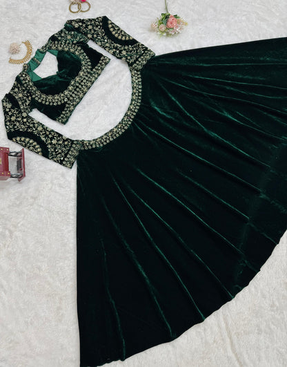 Dark Fern Green Velvet Lehenga