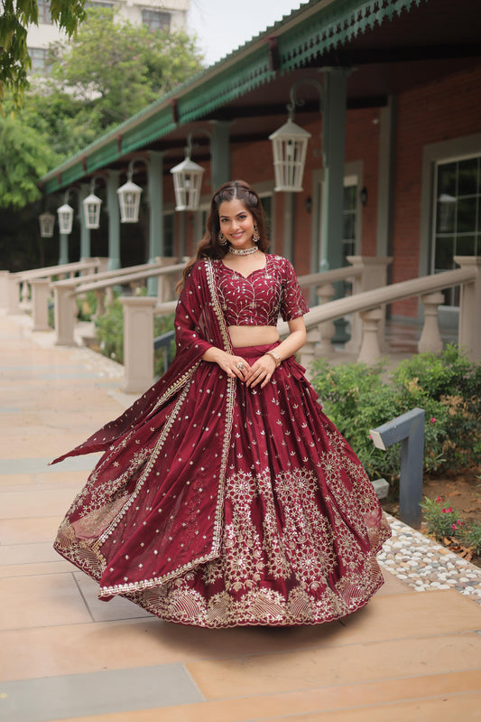 Lavish Maroon Threadwork Lehenga Ensemble