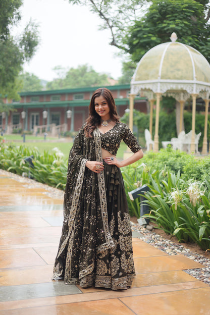 Olive Green Embroidered Lehenga & Blouse With Dupatta