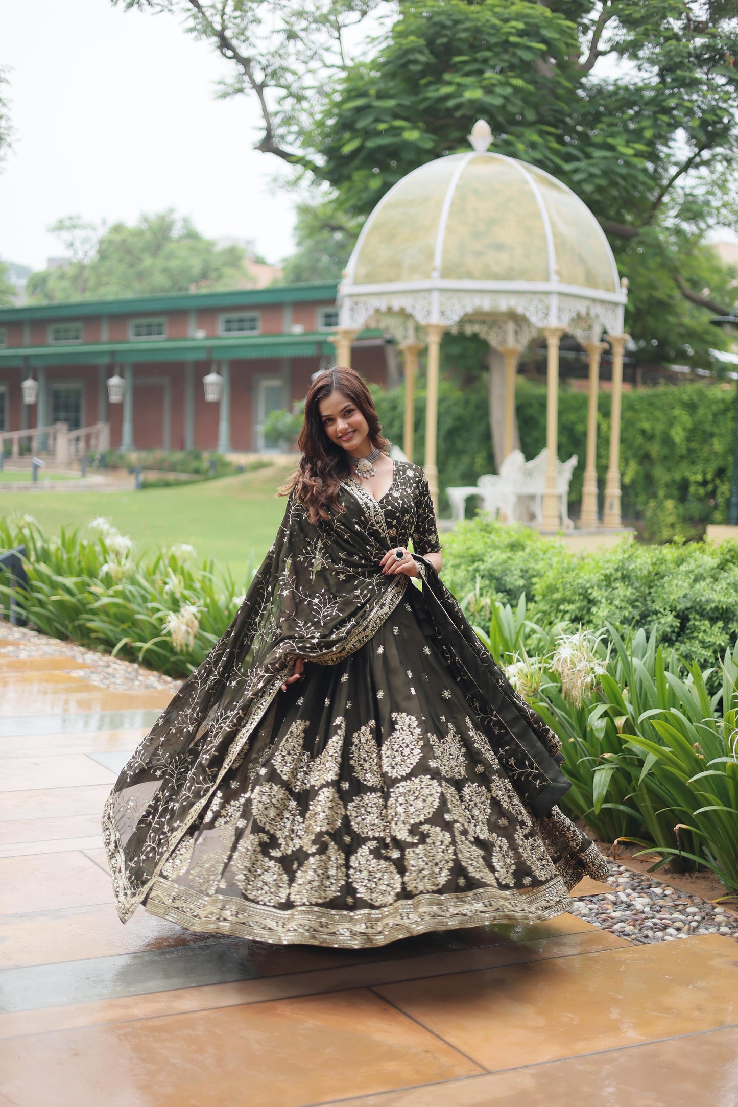 Olive Green Embroidered Lehenga & Blouse With Dupatta