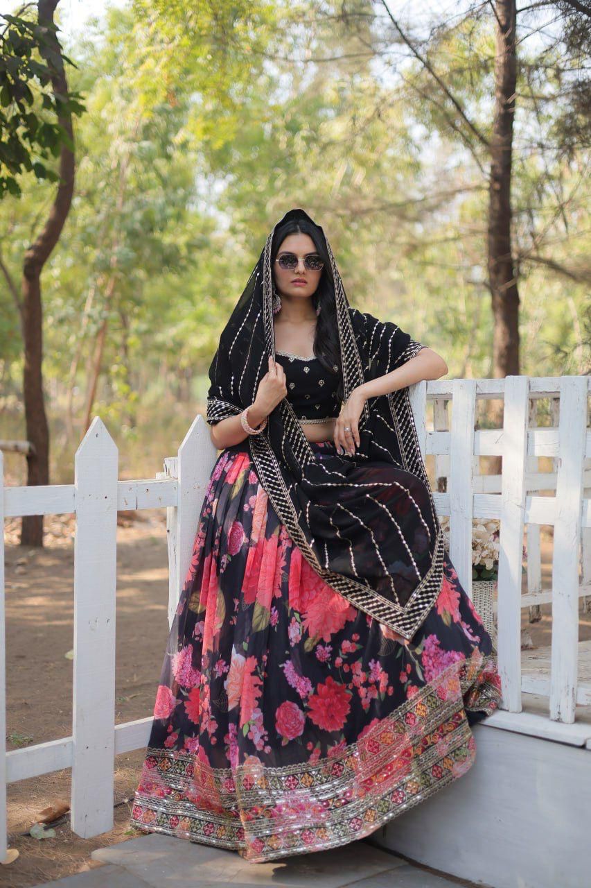 Black Floral Printed Lehnega Set