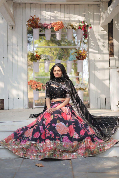 Black Floral Printed Lehnega Set