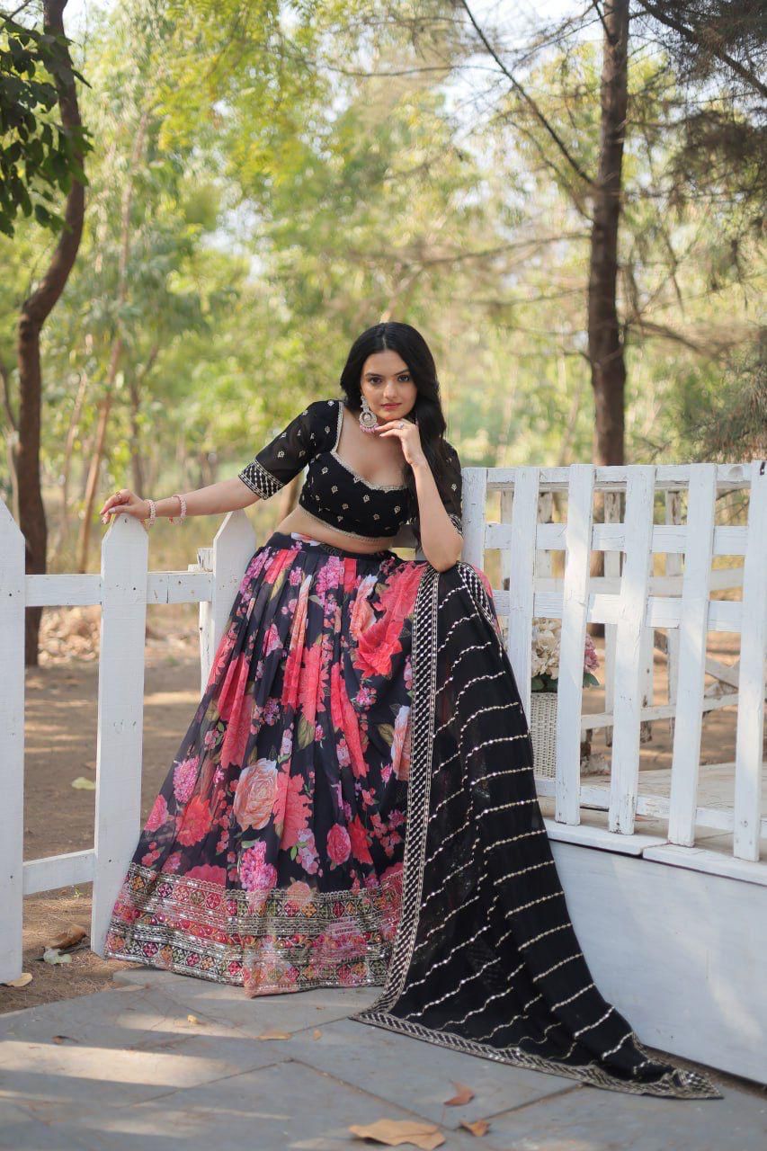 Black Floral Printed Lehnega Set