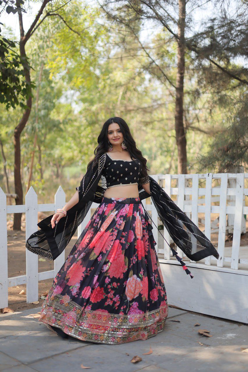 Black Floral Printed Lehnega Set